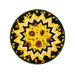 A top-down shot of the completed table topper in contrasting yellow and black sunflower and butterfly fabrics, isolated on a white background.