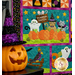 A close up on the left side of the quilt with kitty pumpkin patch, crow, and 