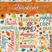 A swatch of cream fabric covered in perpendicular fall-and-autumn-themed words. An orange banner at the top reads 