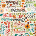 A swatch of cream fabric covered in perpendicular fall-and-autumn-themed words. A banner at the top reads 
