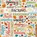 A swatch of cream fabric covered in perpendicular fall-and-autumn-themed words. A banner at the top reads 