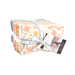 A bundle of colorful fabric squares tied with a measuring tape ribbon, featuring floral patterns.