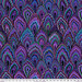 Deep purple fabric with vibrant marbled scallops with purple, aqua, and blue accents