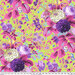 Bright lime green fabric with bouquets of large purple, white, and pink roses with purple leaves and vines