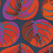 Dark teal fabric with large, vibrant, pastel red and purple palm leavesa