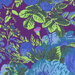 Deep purple fabric with bouquets of large navy, light blue, and aqua roses with bright green leaves and vines