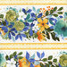 8x8 swatch of border stripe fabric featuring rowsa of florals and yellow stripes