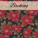 A swatch of black fabric with large red poinsettia flowers. A translucent white banner at the top reads 