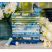 A stack of the fabrics in the Blue Harmony FQ set, with flowers and jars and a butterfly and thread.