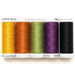 Image of a thread set featuring five orange, yellow, green, purple, and black spools isolated on a white background.