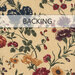A swatch of cream fabric with a large floral pattern in earthy red, purple, blue, yellow, and green. A banner at the top reads 