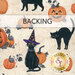 A swatch of mottled cream fabric with black cats in various poses next to jack-o-lanterns on a spiderwebbed background. A purple banner reads 