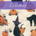 A swatch of mottled cream fabric with black cats in various poses next to jack-o-lanterns on a spiderwebbed background. A purple banner reads 