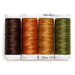 Four spools of thread in brown, orange, cinnamon, and green, isolated on a white background.