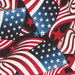 Black fabric with swirling American flags with blue and red stars throughout