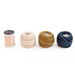 Four spools of thread in cream, ecru, denim, and honey isolated on a white background.