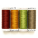 Four spools of thread in shades of burgundy, gold, green, and taupe, isolated on a white background.