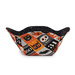 A single bowl cozy colored in bright Halloween fabrics, isolated on a white background.