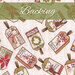 A swatch of cream fabric with a tonal musical notation overlay and tossed Christmas gift tags with various holiday motifs and phrases. A green banner at the top reads 