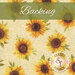 Swatch of a cream fabric with tossed medium sunflowers in golden orange and yellow. A light leaf green banner at the top reads 