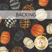 Colorful pumpkins in various patterns on a dark background with Backing label.