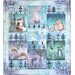 Patchwork quilt with woodland animals, trees, and a rabbit in a blue winter scene.