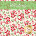 A swatch of cream fabric with scattered red and pink poinsettias and bunches of holly. A green banner at the top reads 