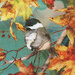 8x8 swatch of panel fabric featuring a bird on a branch surrounded by autumn leaves