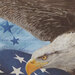 A close-up of a bald eagle against a backdrop of blue and white stars, with handwritten text.