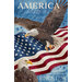 A bald eagle soars above a waving American flag, with the text 