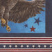 Illustration of an eagle in flight above red and blue stars, layered over a striped background.