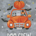 An orange car with a large pumpkin on top, featuring a raccoon, cat, and ghost among bats and stars.