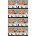 Border stripe fabric featuring Halloween themed designs such as witches, cats, pumpkins, ghosts, and skeletons