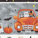 A cartoon orange car with cats wearing a witch outfit, skeleton outfit, and ghost driving near a pumpkin and bat.