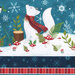 A close up of the border stripe print featuring a white fox next to ferns and mushrooms with falling snowflakes on a teal background.