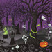 A spooky Halloween scene featuring a haunted house, skeletons, bats, pumpkins, and ghosts against a purple sky.