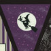 8x8 swatch of panel featuring a silhouette of a witch on a broomstick, accompanied by a cat, against a full moon and purple background.