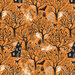 A pattern of black trees, ghosts, bats, cats, and haunted houses on an orange background.