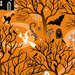 A pattern of black trees, ghosts, bats, cats, and haunted houses on an orange background.