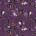 A pattern of black trees, ghosts, bats, cats, and haunted houses on a purple background.