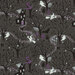 A pattern of black trees, ghosts, bats, cats, and haunted houses on a charcoal background.