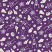 A purple background filled with white Halloween motifs like skeletons, ghosts, skulls, and spiderwebs.
