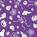 A purple background filled with white Halloween motifs like skeletons, ghosts, skulls, and spiderwebs.