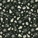 A black background filled with white Halloween motifs like skeletons, ghosts, skulls, and spiderwebs.