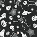 A black background filled with white Halloween motifs like skeletons, ghosts, skulls, and spiderwebs.