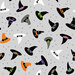 Various witch hats in black, orange, white, and purple on a gray background with tiny stars.