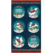 A navy panel with a winter-themed design featuring six circle images of animals in scarves, with holiday text and decorations.