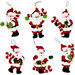 Six colorful Santa Claus ornaments in red and white, each holding candy canes and festive items.