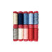 Eight spools of thread in various colors, including red, blue, cream, and gray, arranged vertically.