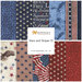 A collage of fabric patterns in red, white, and blue featuring stars, stripes, and patriotic designs.
